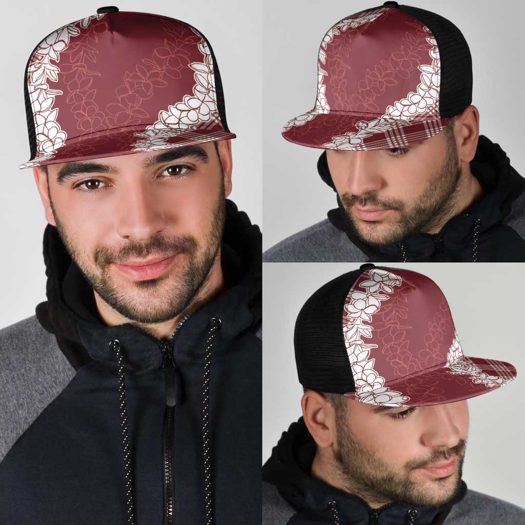 Hawaii Aloha Plumeria Lei Scarlet Palaka Mesh Trucker Cap - Polynesian Pride