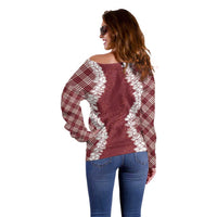 Hawaii Aloha Plumeria Lei Scarlet Palaka Off Shoulder Sweater - Polynesian Pride