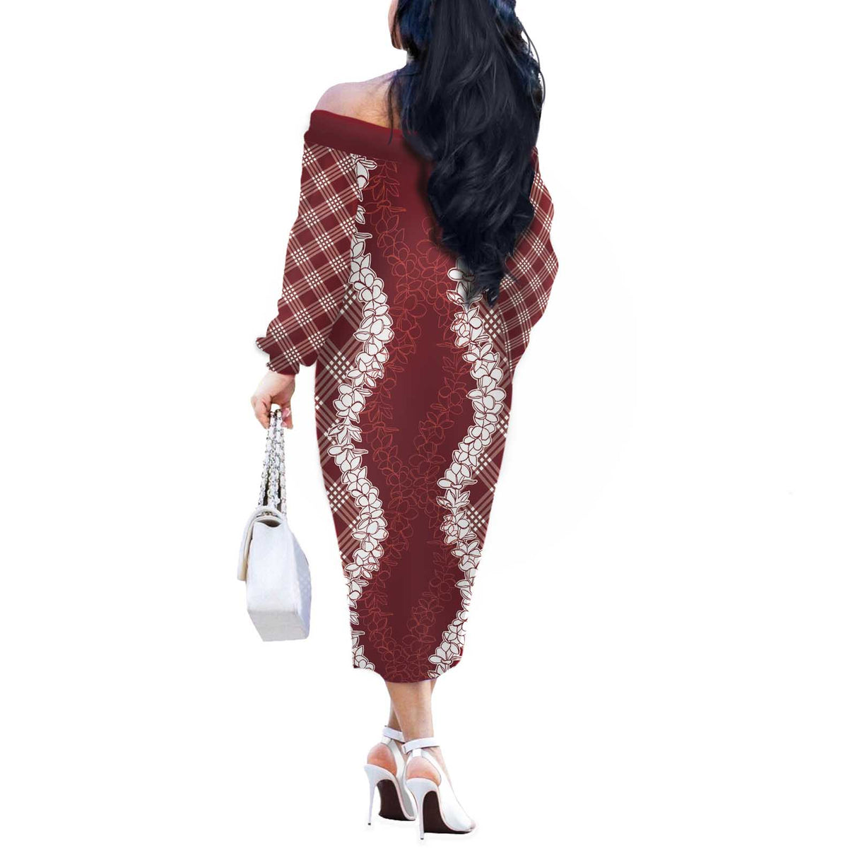 Hawaii Aloha Plumeria Lei Scarlet Palaka Off The Shoulder Long Sleeve Dress - Polynesian Pride