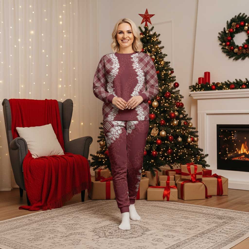 Hawaii Aloha Plumeria Lei Scarlet Palaka Christmas Pajama Set - Polynesian Pride