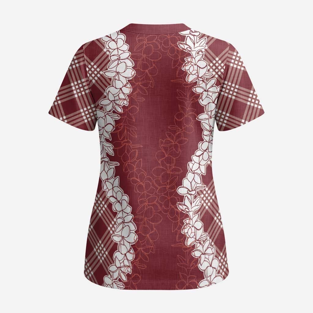 Hawaii Aloha Plumeria Lei Scarlet Palaka Scrub Top - Polynesian Pride