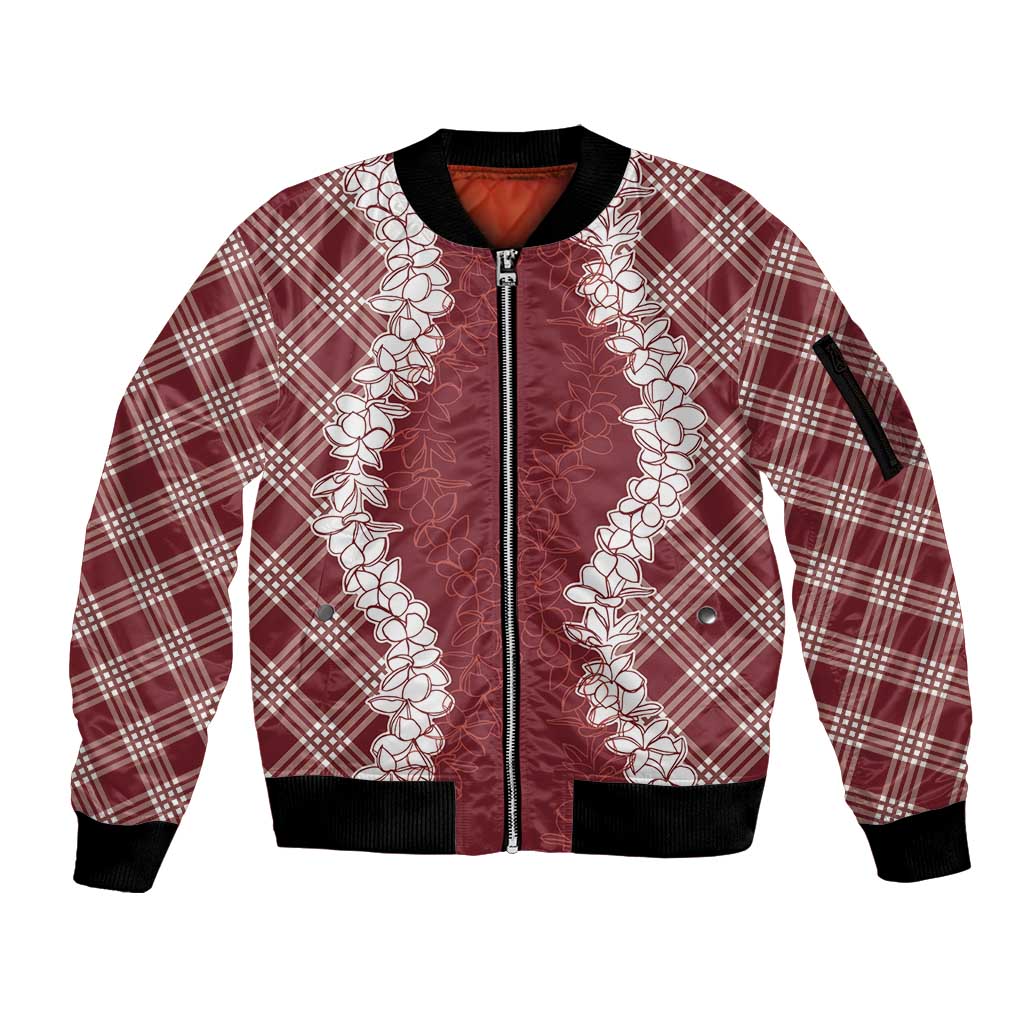 Hawaii Aloha Plumeria Lei Scarlet Palaka Sleeve Zip Bomber Jacket - Polynesian Pride