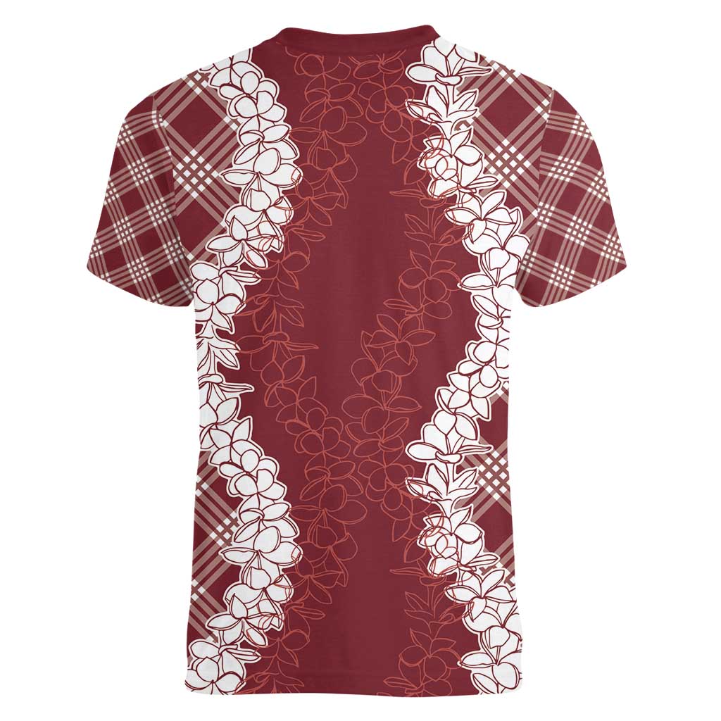 Hawaii Aloha Plumeria Lei Scarlet Palaka Women V-Neck T-Shirt - Polynesian Pride