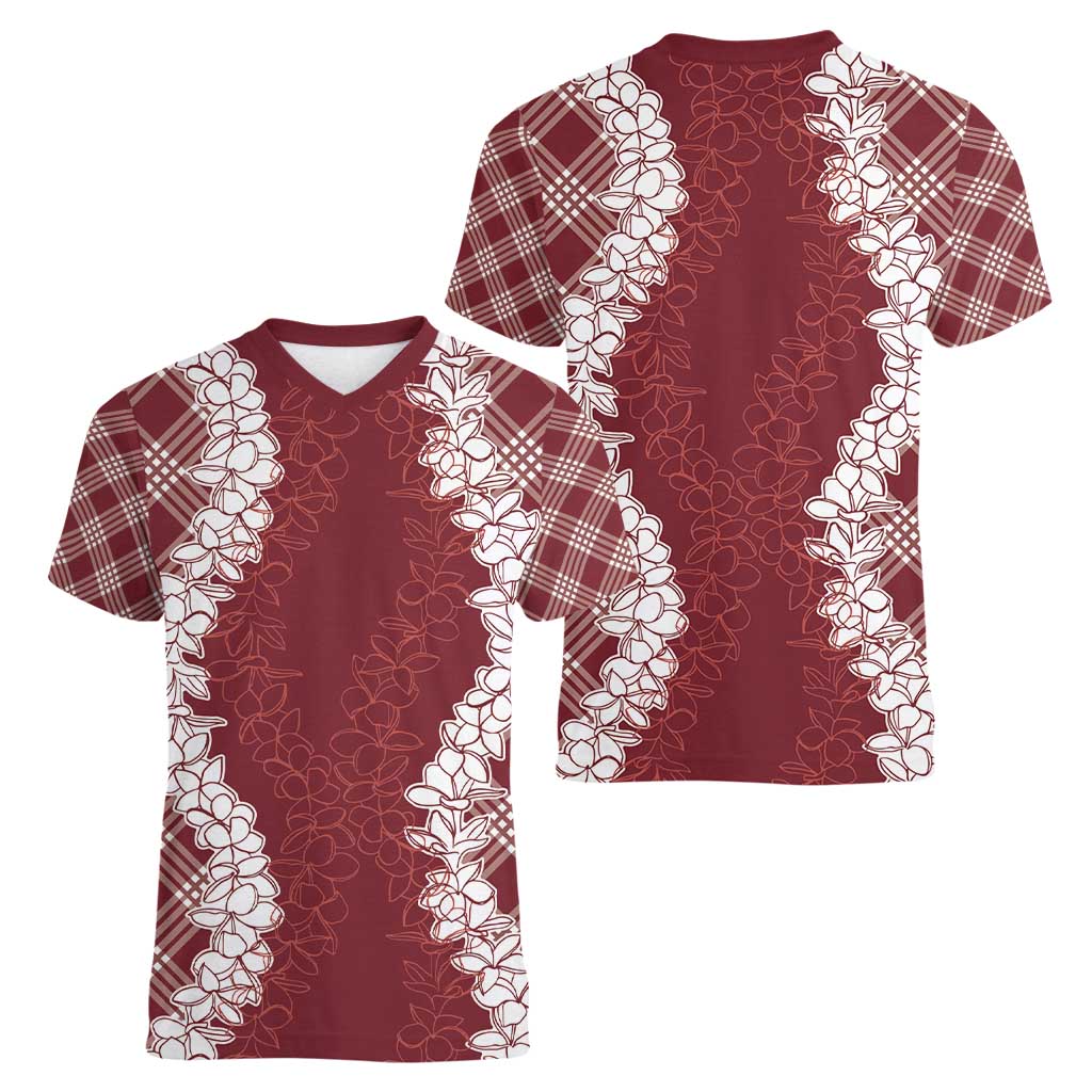 Hawaii Aloha Plumeria Lei Scarlet Palaka Women V-Neck T-Shirt - Polynesian Pride