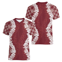 Hawaii Aloha Plumeria Lei Scarlet Palaka Women V-Neck T-Shirt - Polynesian Pride
