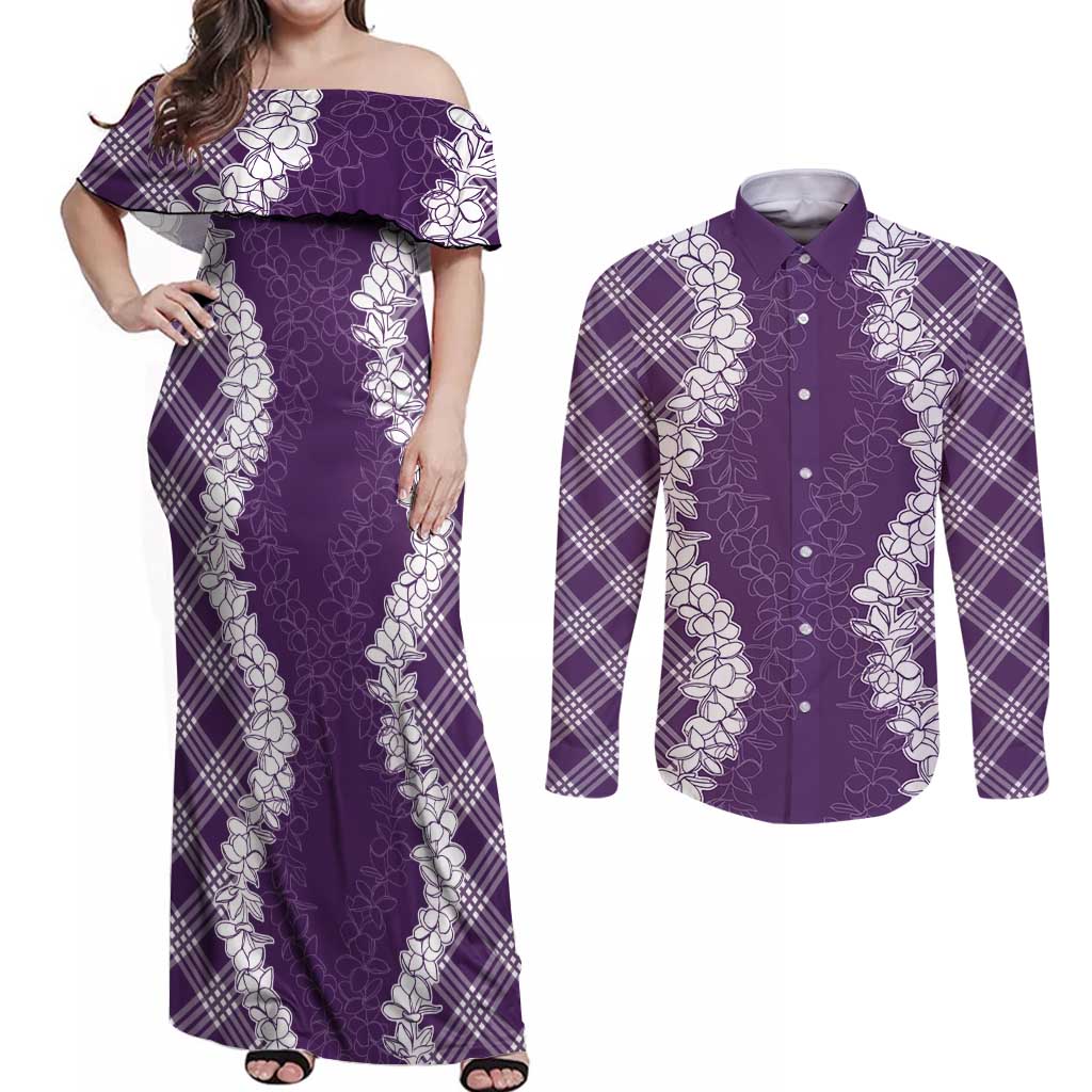 Hawaii Aloha Plumeria Lei Violet Palaka Couples Matching Off Shoulder Maxi Dress and Long Sleeve Button Shirt LT7 Violet - Polynesian Pride
