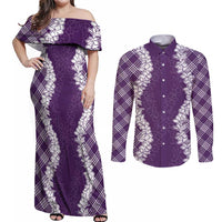 Hawaii Aloha Plumeria Lei Violet Palaka Couples Matching Off Shoulder Maxi Dress and Long Sleeve Button Shirt LT7 Violet - Polynesian Pride