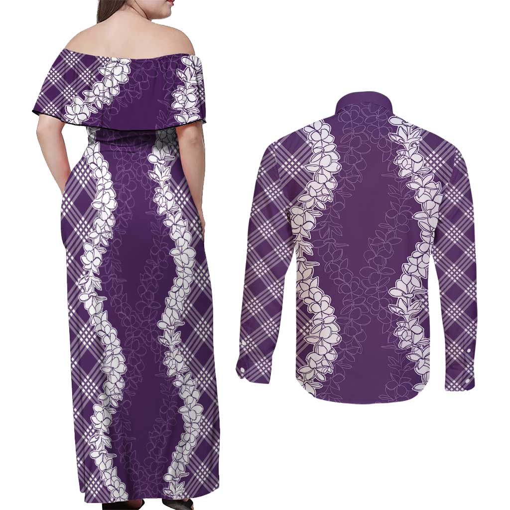 Hawaii Aloha Plumeria Lei Violet Palaka Couples Matching Off Shoulder Maxi Dress and Long Sleeve Button Shirt LT7 - Polynesian Pride