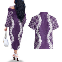 Hawaii Aloha Plumeria Lei Violet Palaka Couples Matching Off The Shoulder Long Sleeve Dress and Hawaiian Shirt LT7 - Polynesian Pride