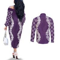 Hawaii Aloha Plumeria Lei Violet Palaka Couples Matching Off The Shoulder Long Sleeve Dress and Long Sleeve Button Shirt - Polynesian Pride