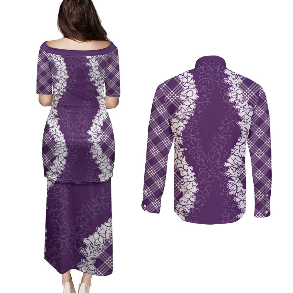 Hawaii Aloha Plumeria Lei Violet Palaka Couples Matching Puletasi and Long Sleeve Button Shirt - Polynesian Pride