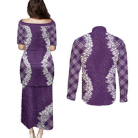 Hawaii Aloha Plumeria Lei Violet Palaka Couples Matching Puletasi and Long Sleeve Button Shirt - Polynesian Pride