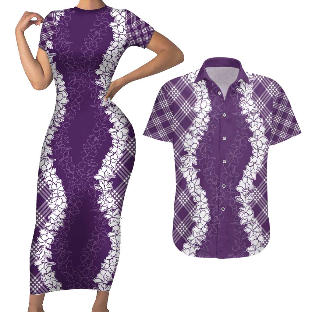 Hawaii Aloha Plumeria Lei Violet Palaka Couples Matching Short Sleeve Bodycon Dress and Hawaiian Shirt - Polynesian Pride