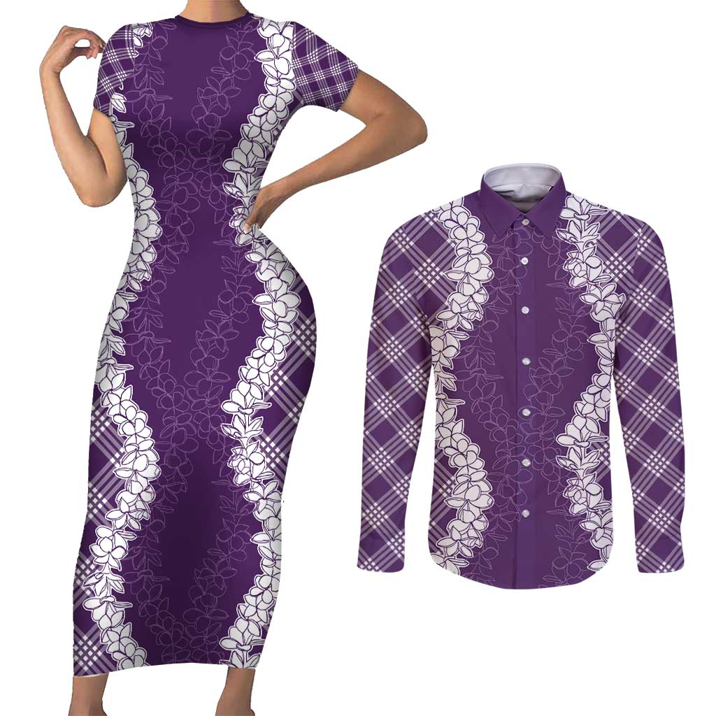 Hawaii Aloha Plumeria Lei Violet Palaka Couples Matching Short Sleeve Bodycon Dress and Long Sleeve Button Shirt - Polynesian Pride