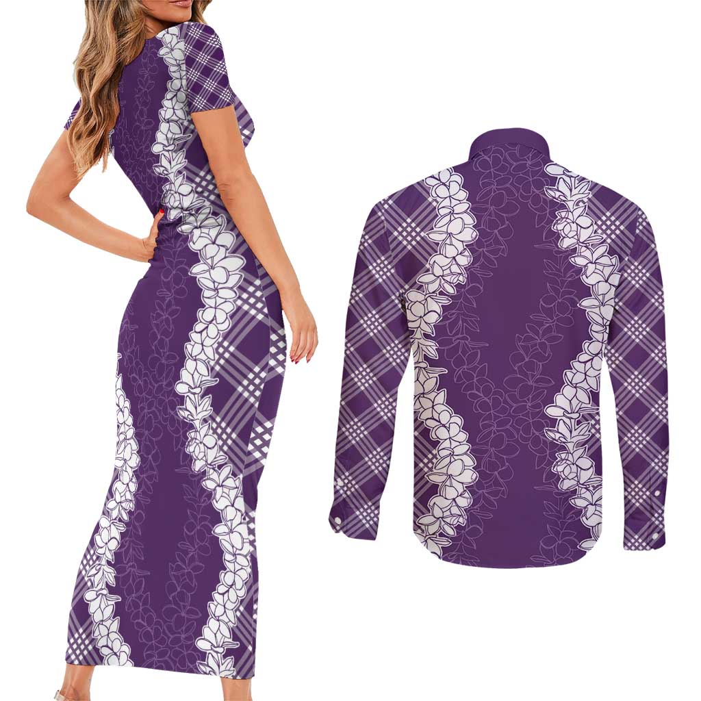 Hawaii Aloha Plumeria Lei Violet Palaka Couples Matching Short Sleeve Bodycon Dress and Long Sleeve Button Shirt - Polynesian Pride