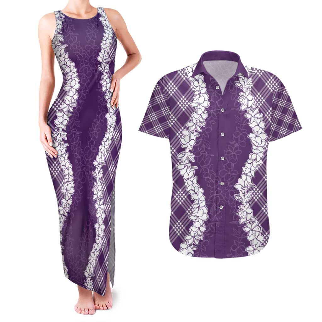 Hawaii Aloha Plumeria Lei Violet Palaka Couples Matching Tank Maxi Dress and Hawaiian Shirt - Polynesian Pride