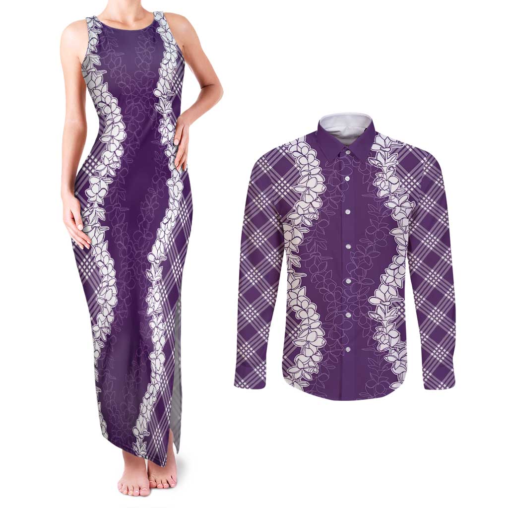 Hawaii Aloha Plumeria Lei Violet Palaka Couples Matching Tank Maxi Dress and Long Sleeve Button Shirt - Polynesian Pride