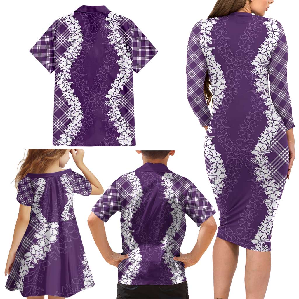 Hawaii Aloha Plumeria Lei Violet Palaka Family Matching Long Sleeve Bodycon Dress and Hawaiian Shirt LT7 - Polynesian Pride