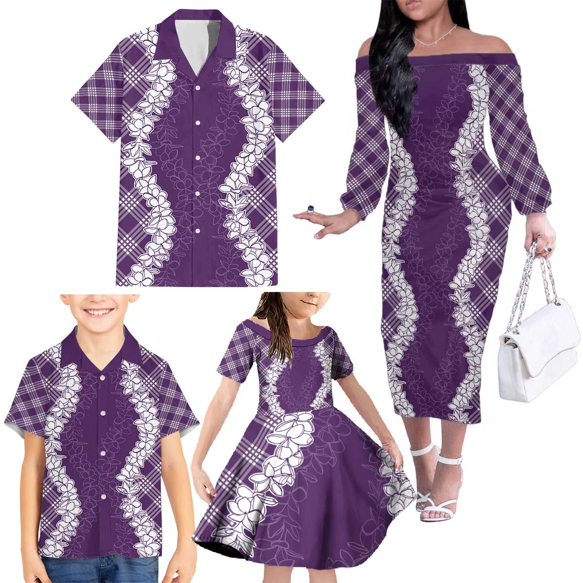 Hawaii Aloha Plumeria Lei Violet Palaka Family Matching Off The Shoulder Long Sleeve Dress and Hawaiian Shirt LT7 - Polynesian Pride