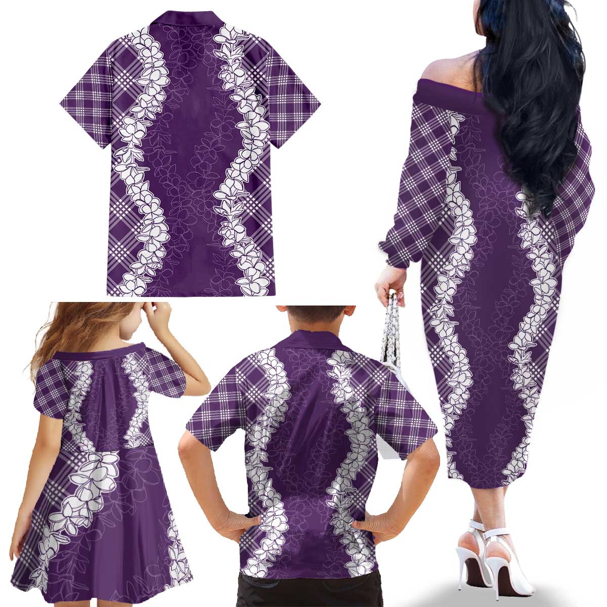 Hawaii Aloha Plumeria Lei Violet Palaka Family Matching Off The Shoulder Long Sleeve Dress and Hawaiian Shirt LT7 - Polynesian Pride
