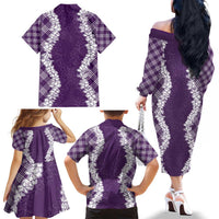 Hawaii Aloha Plumeria Lei Violet Palaka Family Matching Off The Shoulder Long Sleeve Dress and Hawaiian Shirt LT7 - Polynesian Pride