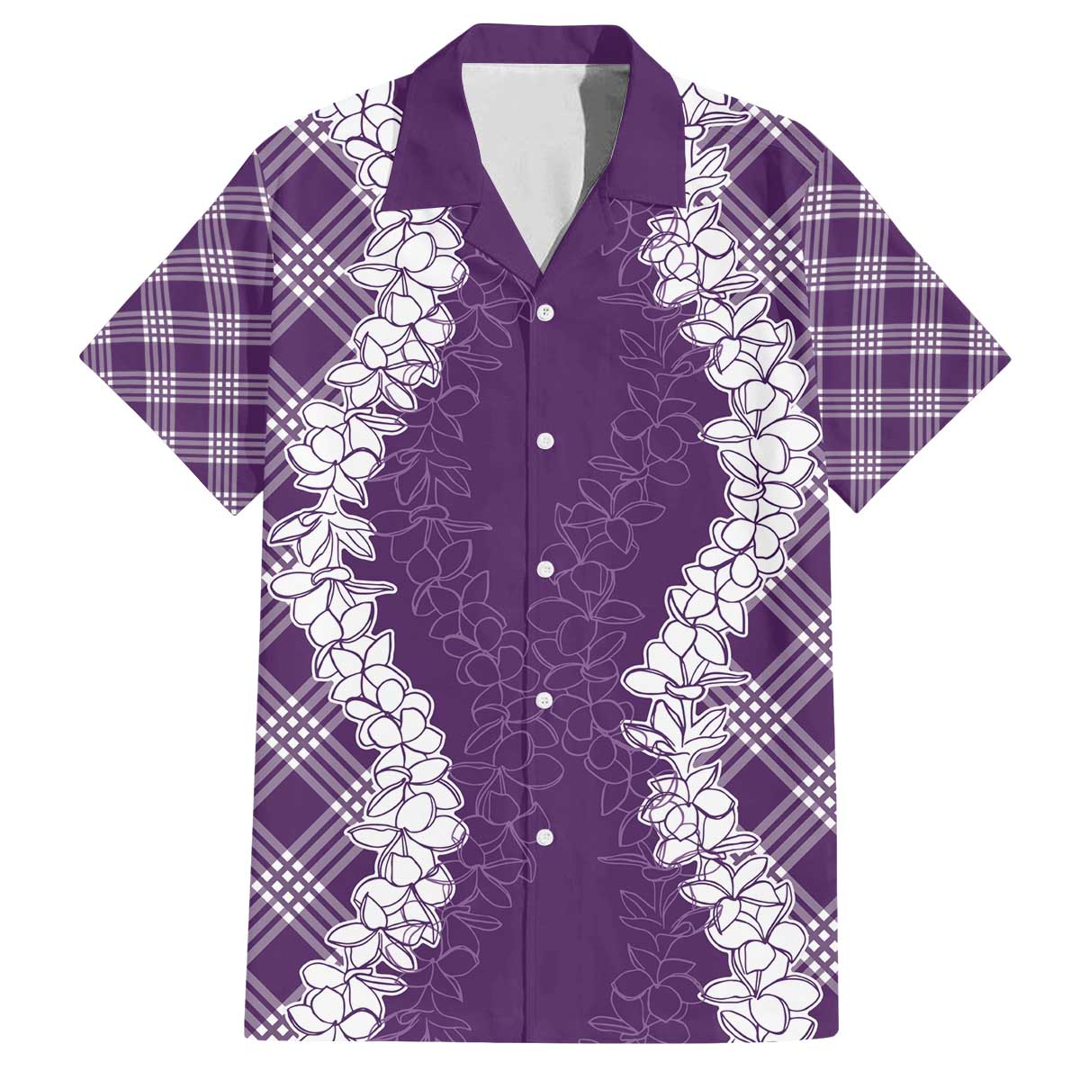 Hawaii Aloha Plumeria Lei Violet Palaka Family Matching Off The Shoulder Long Sleeve Dress and Hawaiian Shirt LT7 Dad's Shirt - Short Sleeve Violet - Polynesian Pride