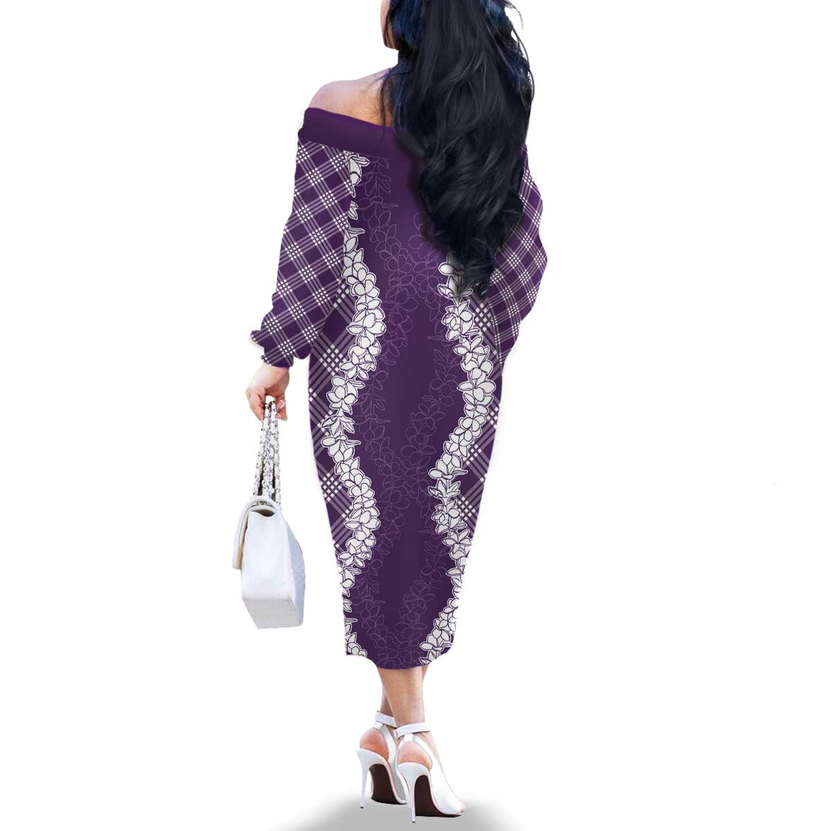 Hawaii Aloha Plumeria Lei Violet Palaka Family Matching Off The Shoulder Long Sleeve Dress and Hawaiian Shirt LT7 - Polynesian Pride
