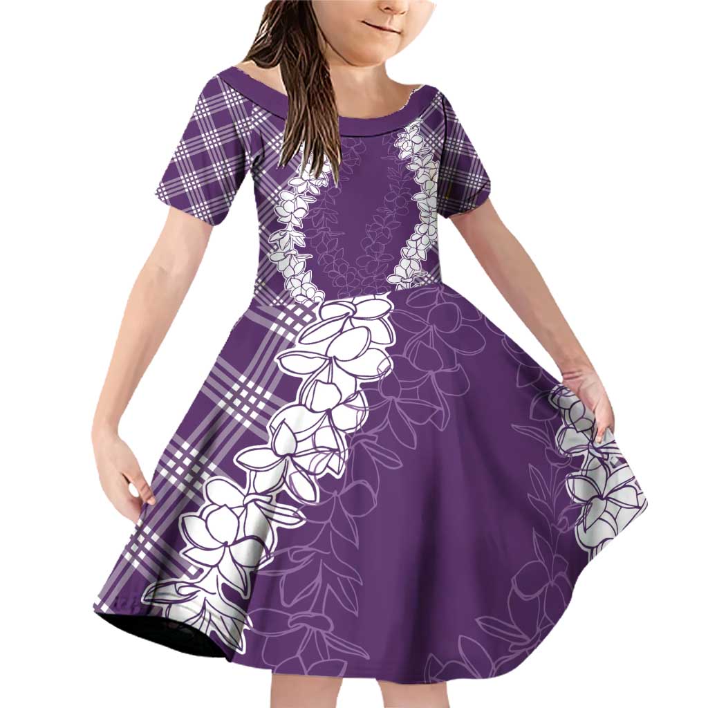 Hawaii Aloha Plumeria Lei Violet Palaka Family Matching Off Shoulder Short Dress and Hawaiian Shirt LT7 Daughter's Dress Violet - Polynesian Pride