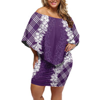 Hawaii Aloha Plumeria Lei Violet Palaka Family Matching Off Shoulder Short Dress and Hawaiian Shirt LT7 Mom's Dress Violet - Polynesian Pride
