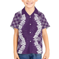 Hawaii Aloha Plumeria Lei Violet Palaka Family Matching Off Shoulder Short Dress and Hawaiian Shirt LT7 Son's Shirt Violet - Polynesian Pride