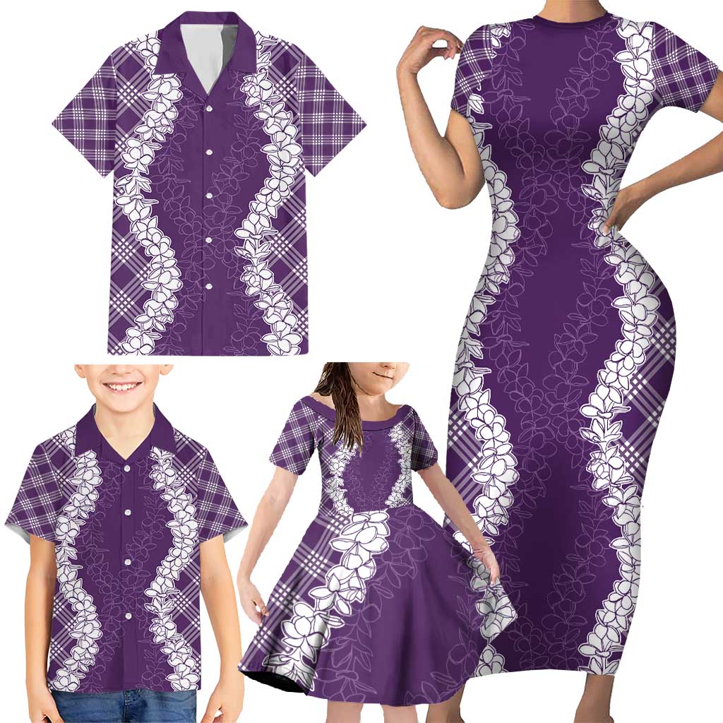 Hawaii Aloha Plumeria Lei Violet Palaka Family Matching Short Sleeve Bodycon Dress and Hawaiian Shirt LT7 - Polynesian Pride