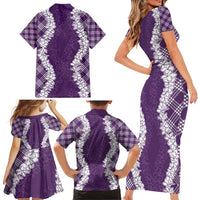 Hawaii Aloha Plumeria Lei Violet Palaka Family Matching Short Sleeve Bodycon Dress and Hawaiian Shirt LT7 - Polynesian Pride