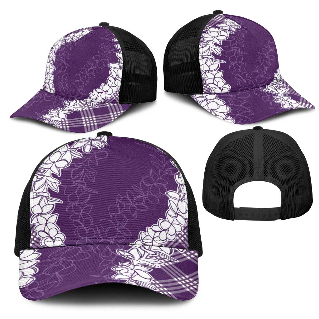 Hawaii Aloha Plumeria Lei Violet Palaka Mesh Trucker Cap - Polynesian Pride