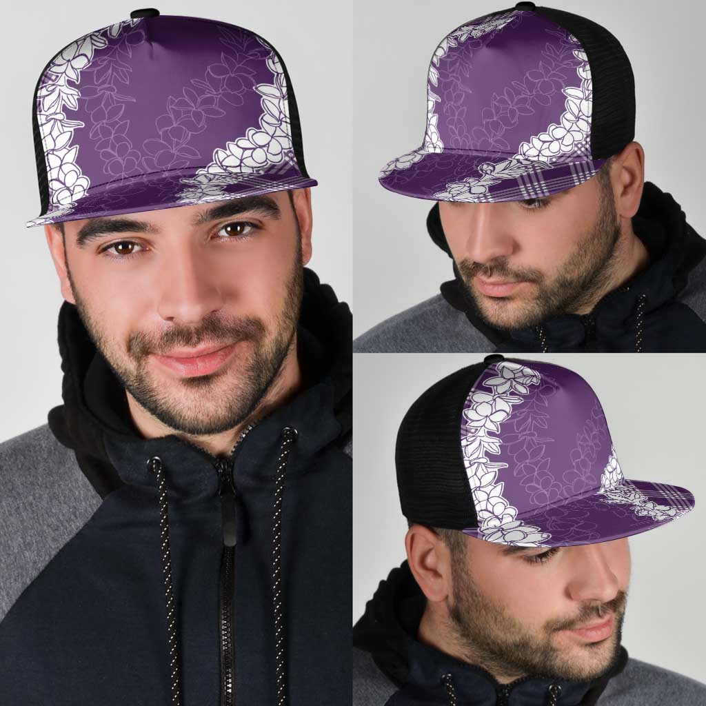 Hawaii Aloha Plumeria Lei Violet Palaka Mesh Trucker Cap - Polynesian Pride