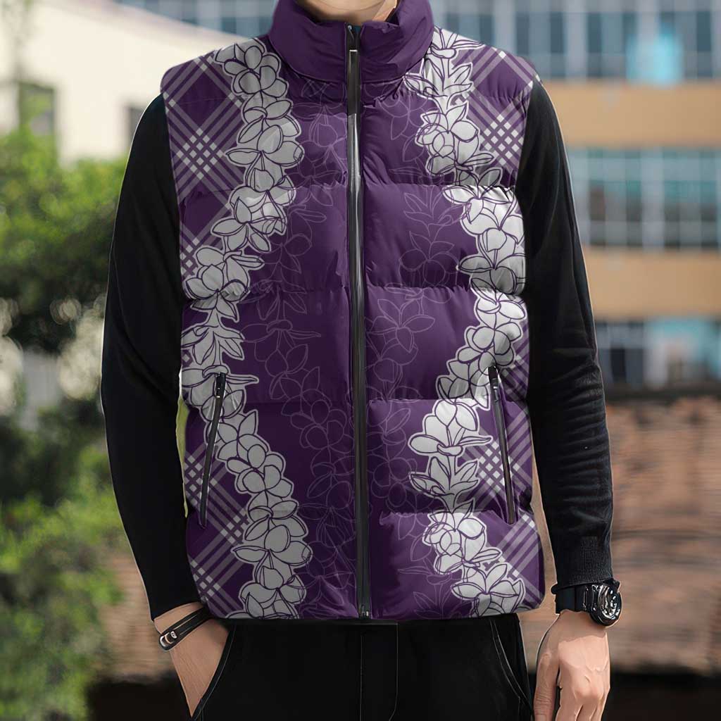 Hawaii Aloha Plumeria Lei Violet Palaka Sleeveless Puffer Jacket - Polynesian Pride