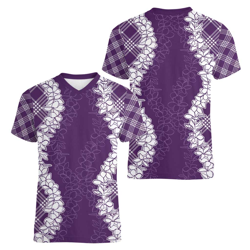 Hawaii Aloha Plumeria Lei Violet Palaka Women V-Neck T-Shirt - Polynesian Pride