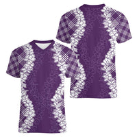 Hawaii Aloha Plumeria Lei Violet Palaka Women V-Neck T-Shirt - Polynesian Pride