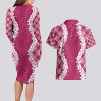 Hawaii Aloha Plumeria Lei Fuschia Palaka Couples Matching Long Sleeve Bodycon Dress and Hawaiian Shirt LT7 - Polynesian Pride