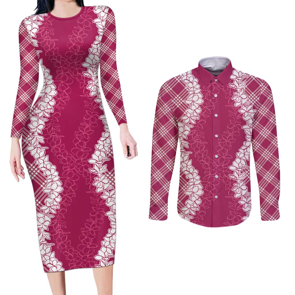 Hawaii Aloha Plumeria Lei Fuschia Palaka Couples Matching Long Sleeve Bodycon Dress and Long Sleeve Button Shirt LT7 Fuschia - Polynesian Pride