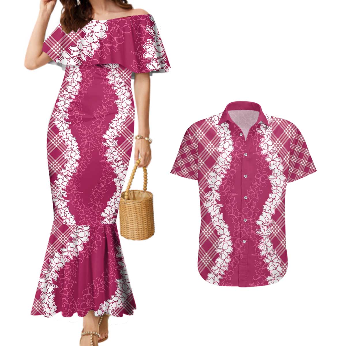 Hawaii Aloha Plumeria Lei Fuschia Palaka Couples Matching Mermaid Dress and Hawaiian Shirt LT7 Fuschia - Polynesian Pride