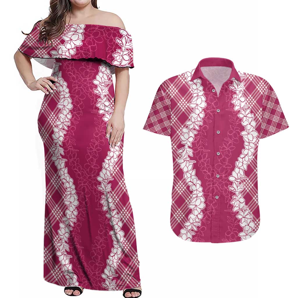 Hawaii Aloha Plumeria Lei Fuschia Palaka Couples Matching Off Shoulder Maxi Dress and Hawaiian Shirt LT7 Fuschia - Polynesian Pride