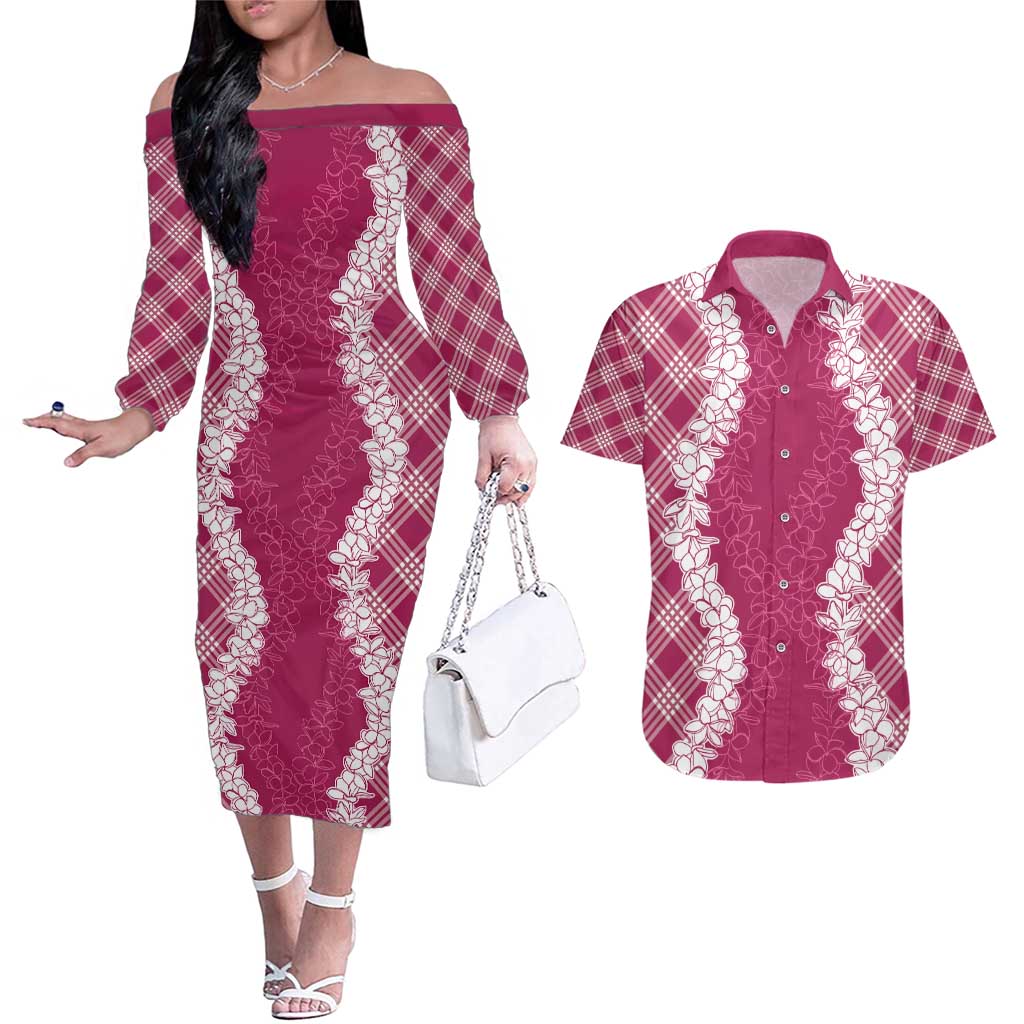 Hawaii Aloha Plumeria Lei Fuschia Palaka Couples Matching Off The Shoulder Long Sleeve Dress and Hawaiian Shirt LT7 Fuschia - Polynesian Pride