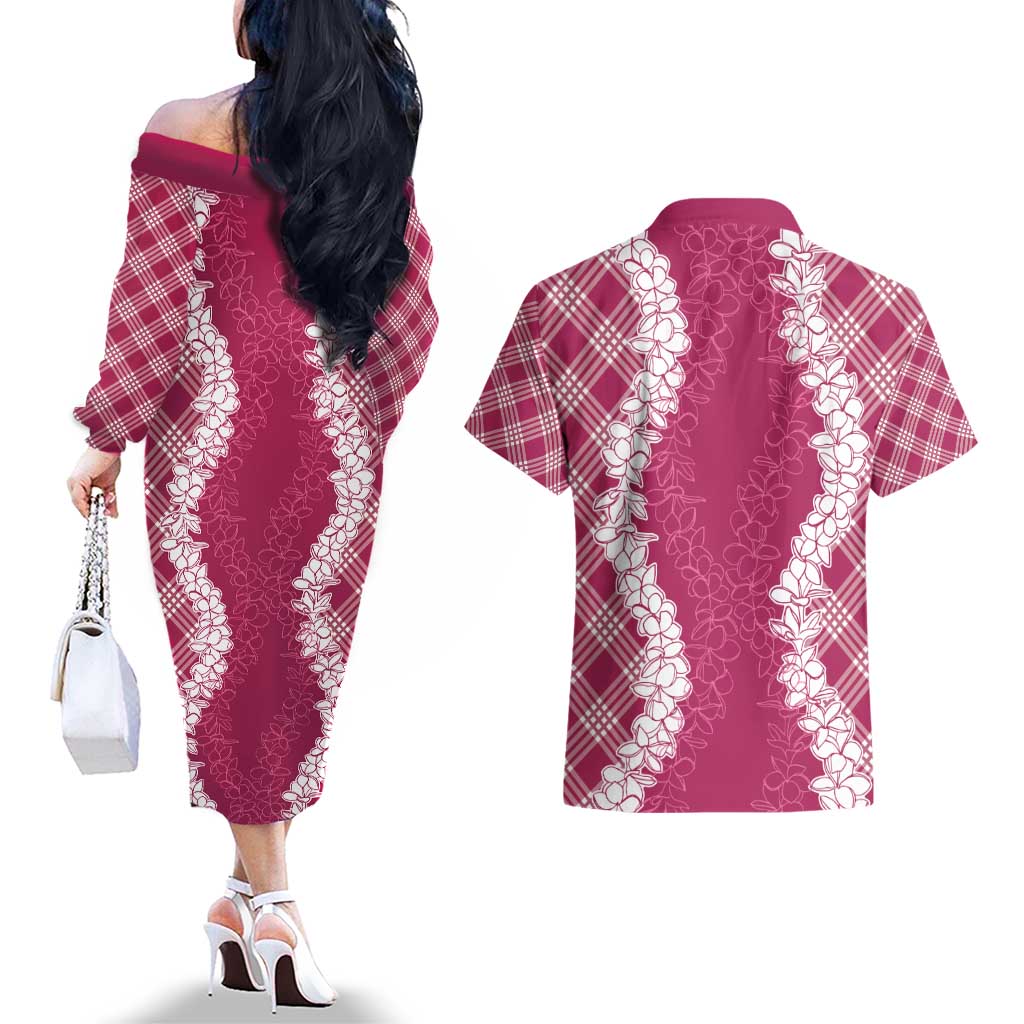 Hawaii Aloha Plumeria Lei Fuschia Palaka Couples Matching Off The Shoulder Long Sleeve Dress and Hawaiian Shirt LT7 - Polynesian Pride