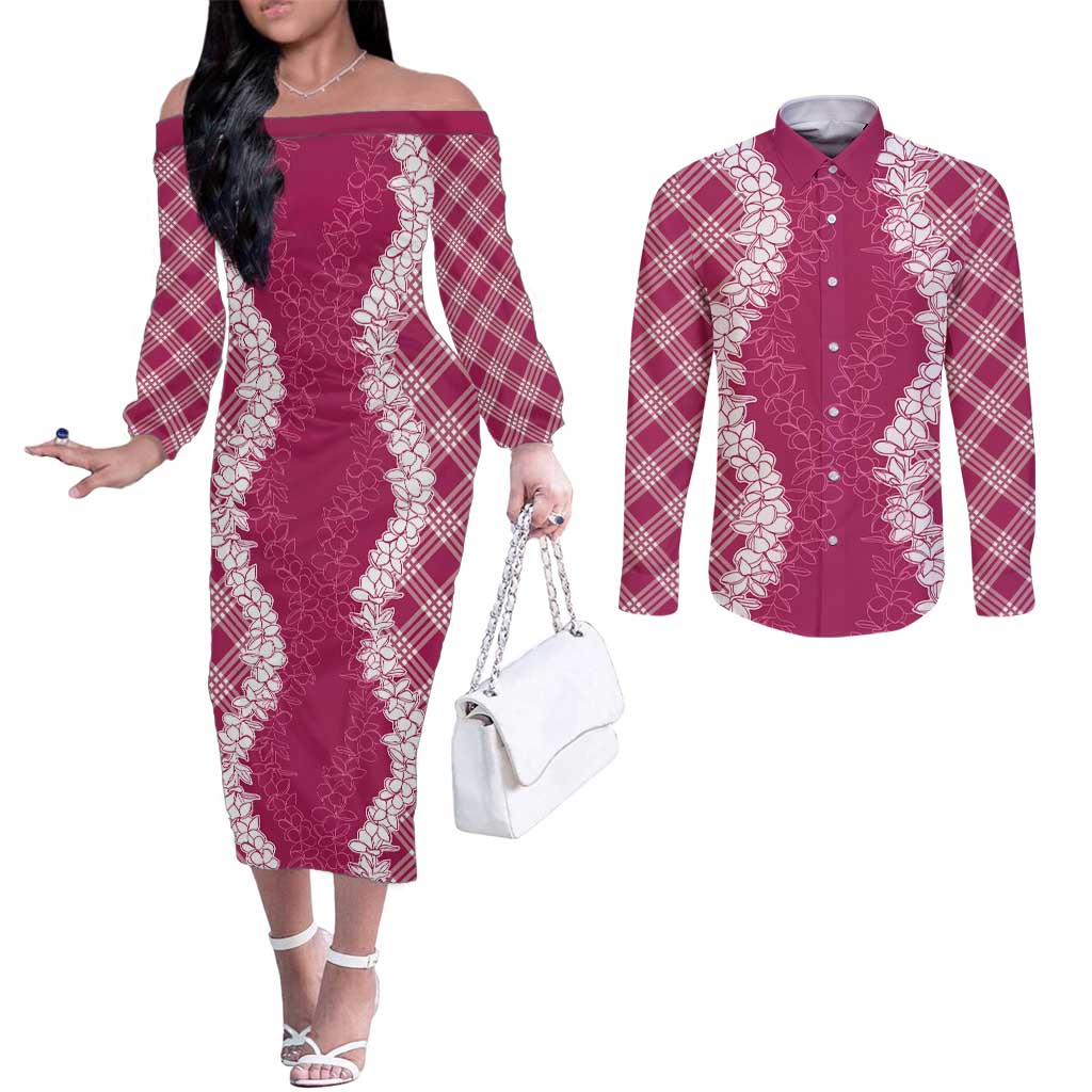 Hawaii Aloha Plumeria Lei Fuschia Palaka Couples Matching Off The Shoulder Long Sleeve Dress and Long Sleeve Button Shirt LT7 Fuschia - Polynesian Pride