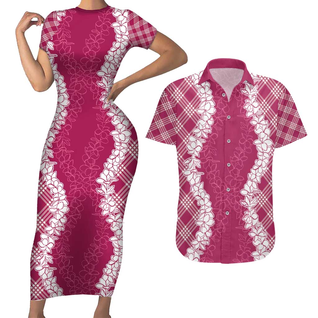 Hawaii Aloha Plumeria Lei Fuschia Palaka Couples Matching Short Sleeve Bodycon Dress and Hawaiian Shirt LT7 Fuschia - Polynesian Pride