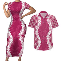 Hawaii Aloha Plumeria Lei Fuschia Palaka Couples Matching Short Sleeve Bodycon Dress and Hawaiian Shirt LT7 Fuschia - Polynesian Pride