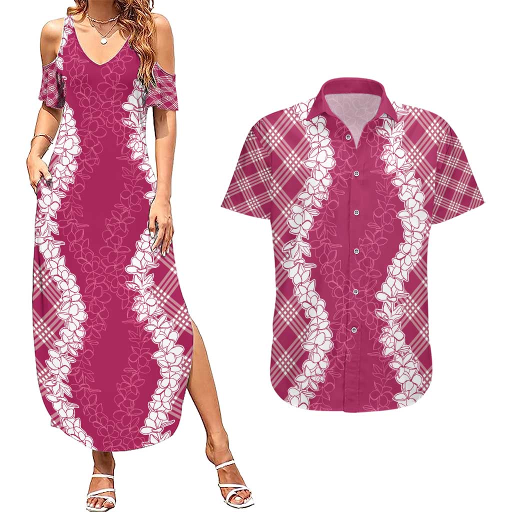 Hawaii Aloha Plumeria Lei Fuschia Palaka Couples Matching Summer Maxi Dress and Hawaiian Shirt - Polynesian Pride