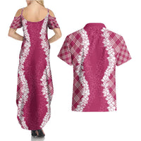 Hawaii Aloha Plumeria Lei Fuschia Palaka Couples Matching Summer Maxi Dress and Hawaiian Shirt LT7 - Polynesian Pride