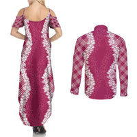 Hawaii Aloha Plumeria Lei Fuschia Palaka Couples Matching Summer Maxi Dress and Long Sleeve Button Shirt LT7 - Polynesian Pride