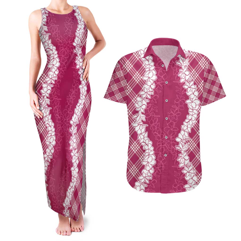 Hawaii Aloha Plumeria Lei Fuschia Palaka Couples Matching Tank Maxi Dress and Hawaiian Shirt - Polynesian Pride
